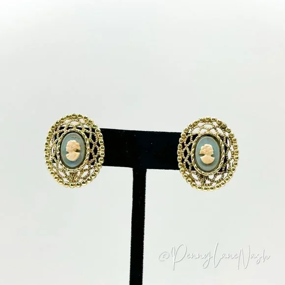 Vintage Gold Badge with Blue & White Silhouette Earrings - Picture 1 of 8